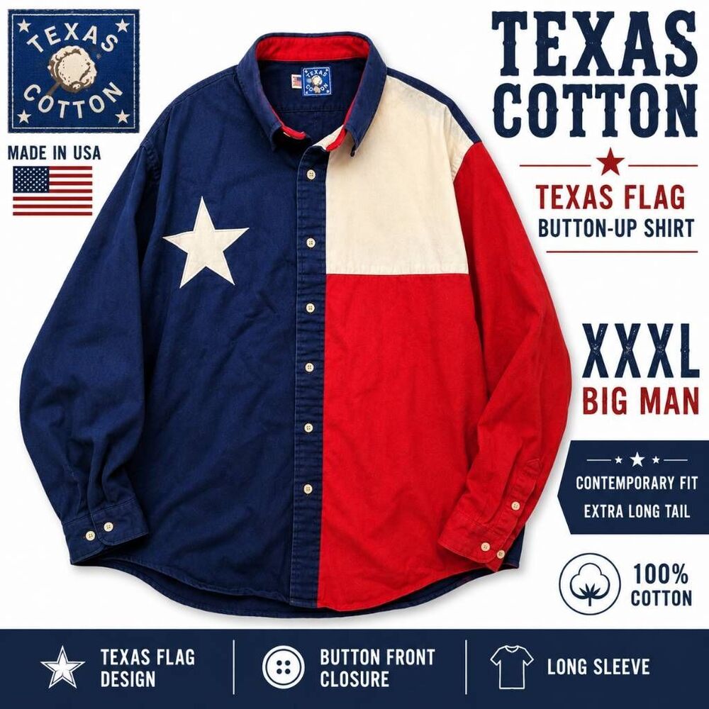 Vintage Texas Cotton USA Texas Flag Button Up Shirt XXXL Big Man Long Tail